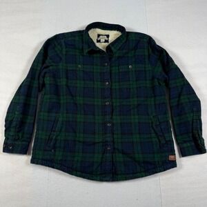 LL Bean Fleece Lined Flannel Shirt Jacket Green Navy Plaid 508979 Womens Large P